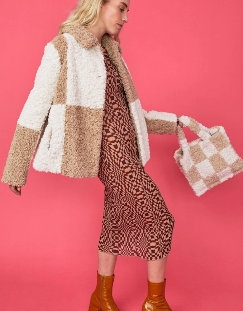 Mocha and Cream Faux Shearling Checkered Oversized Coat