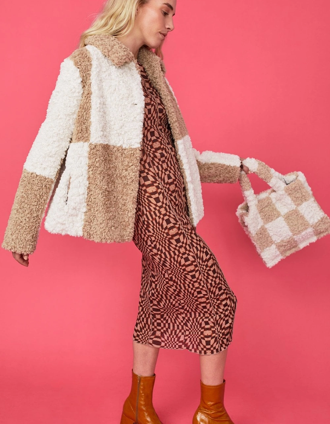 Mocha and Cream Faux Shearling Checkered Oversized Coat, 5 of 4