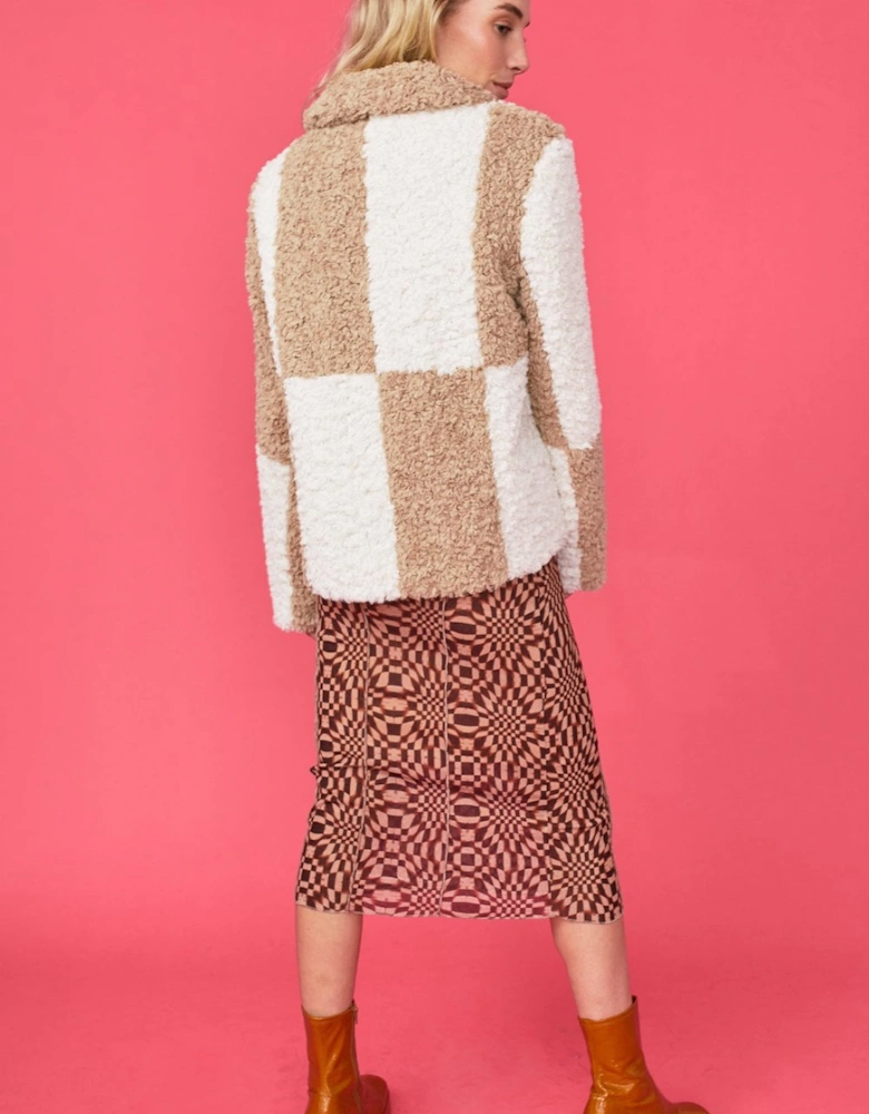 Mocha and Cream Faux Shearling Checkered Oversized Coat