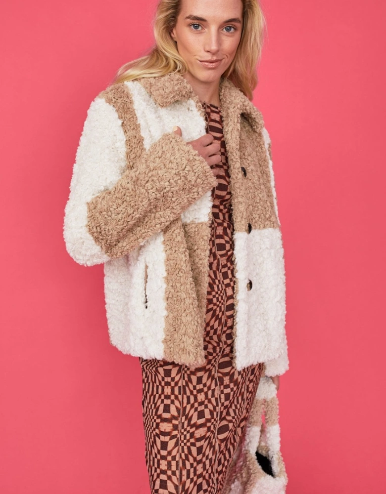 Mocha and Cream Faux Shearling Checkered Oversized Coat