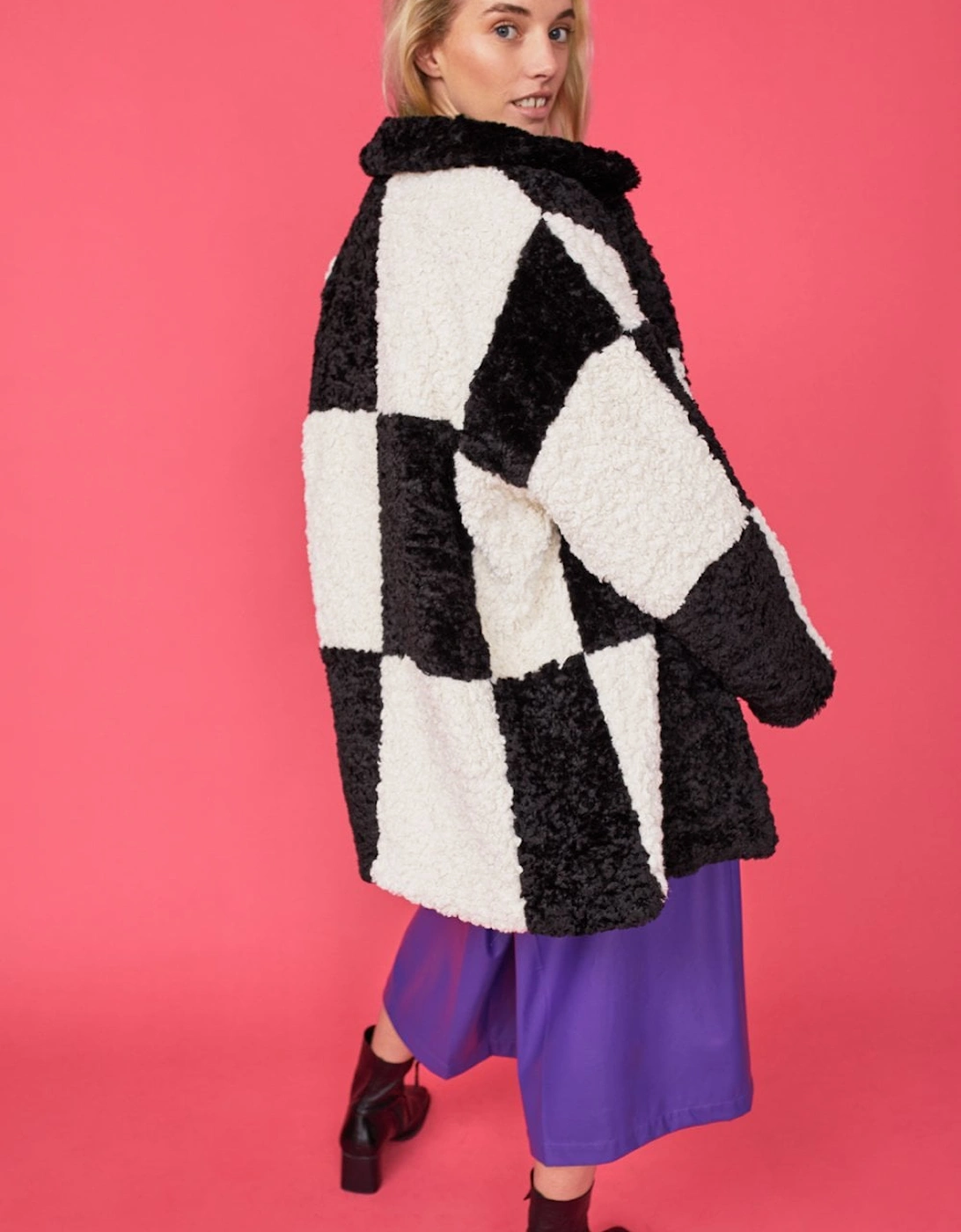 Oversized Black and White Midi Checkered Coat