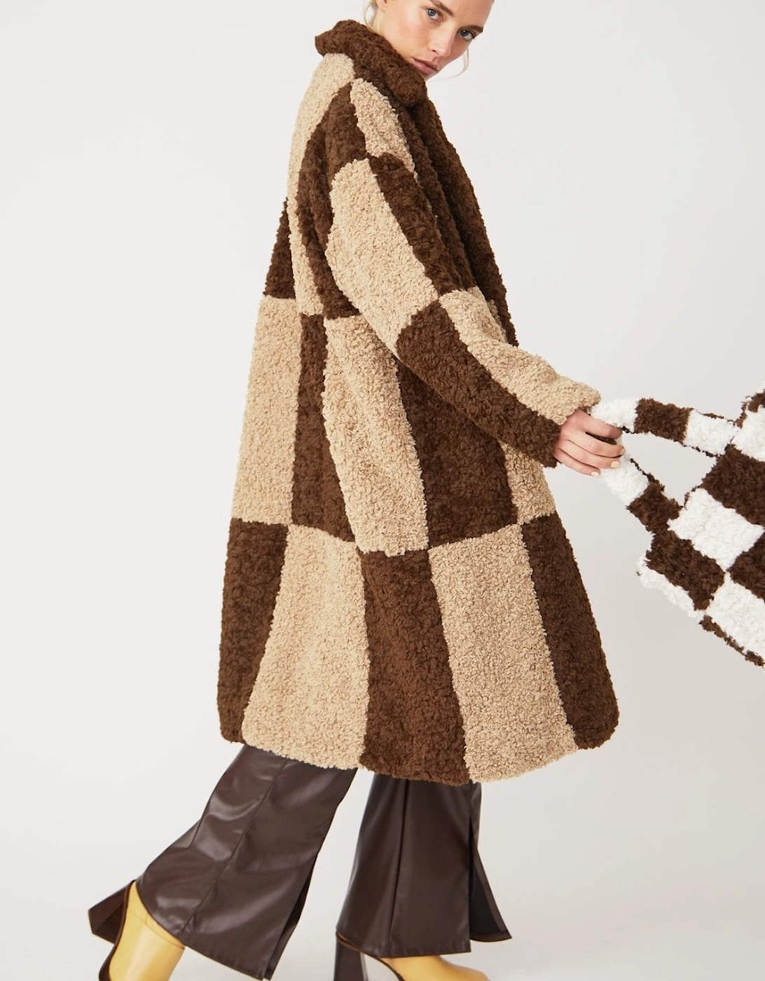 Checkered Brown Faux Shearling Oversized Coat