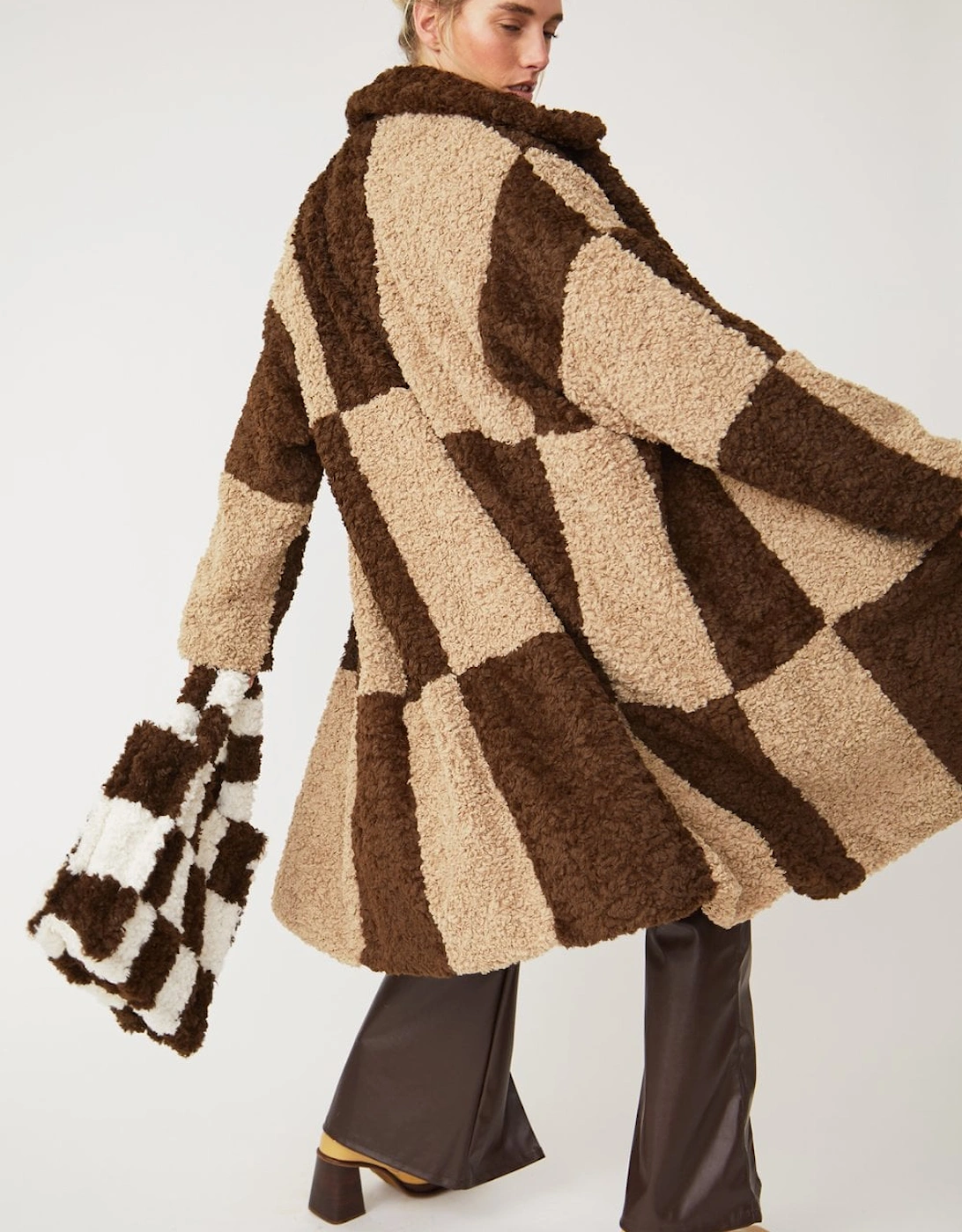 Checkered Black and White Faux Shearling Oversized Coat