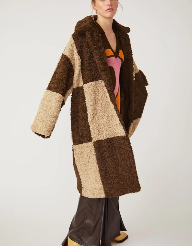 Checkered Brown Faux Shearling Oversized Coat