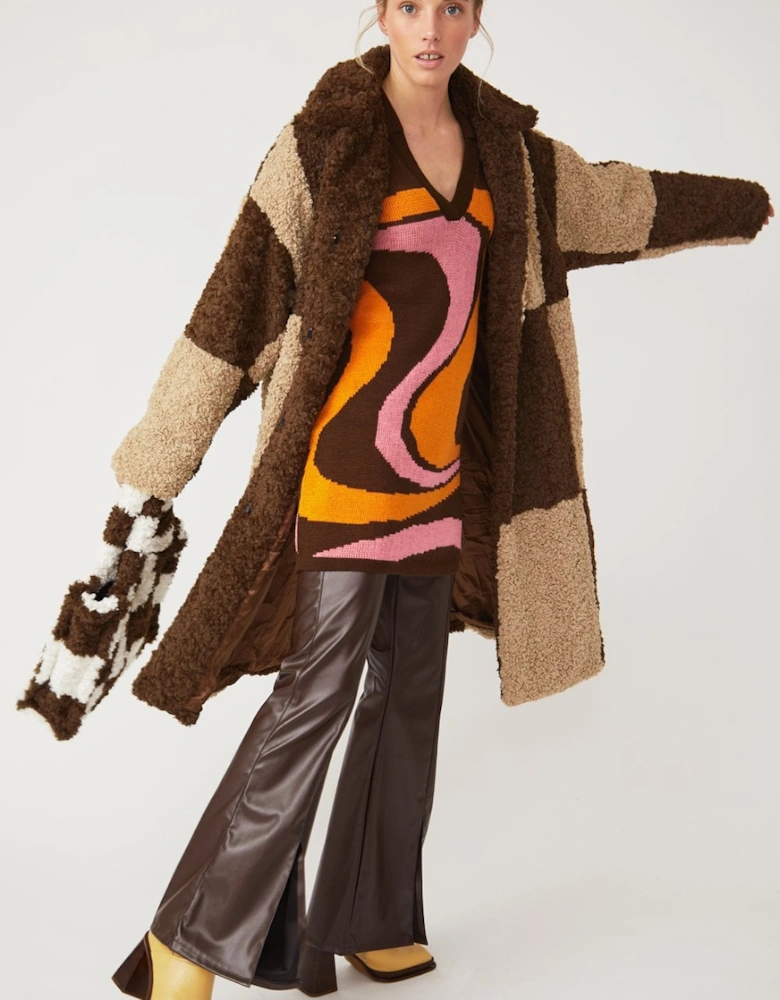 Checkered Brown Faux Shearling Oversized Coat