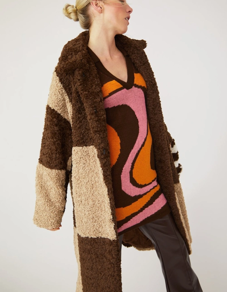 Checkered Brown Faux Shearling Oversized Coat