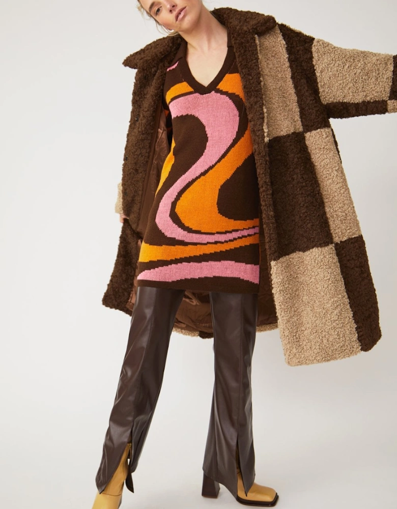 Checkered Brown Faux Shearling Oversized Coat