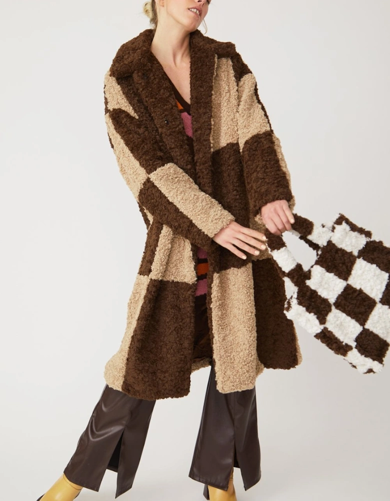 Checkered Black and White Faux Shearling Oversized Coat