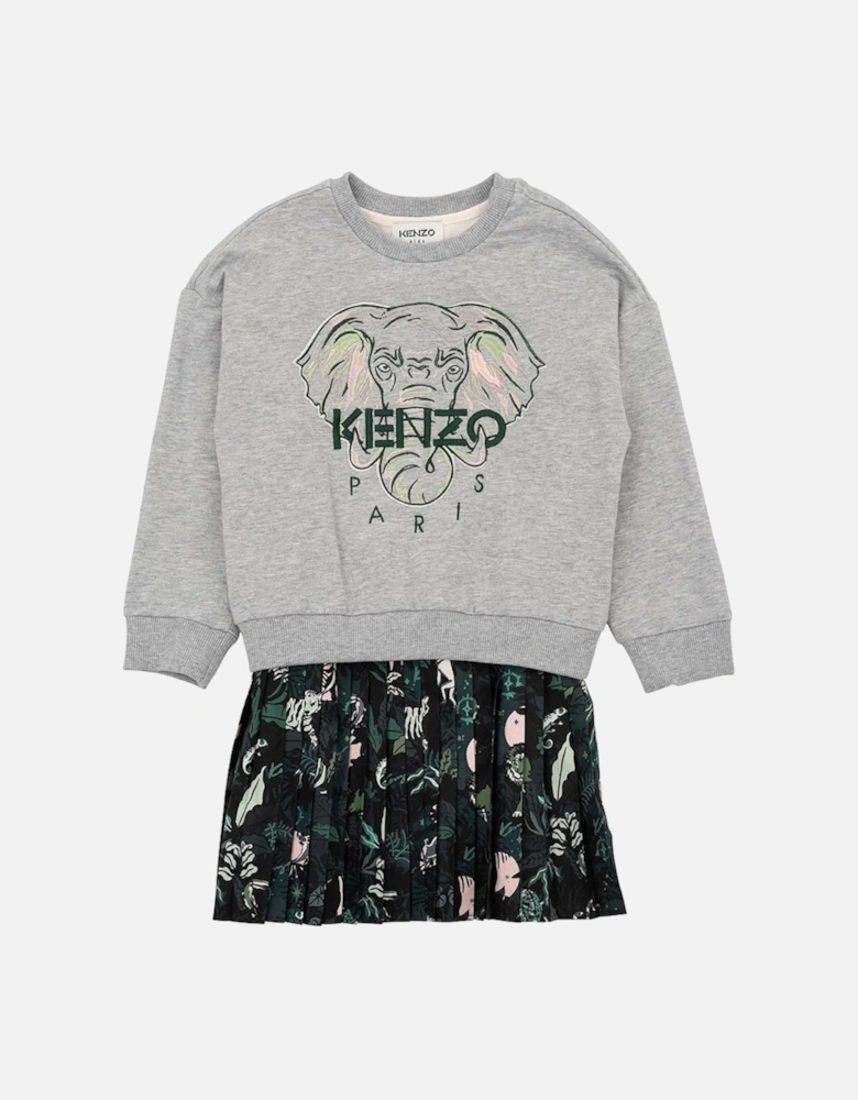 Girls Elephant Print Sweater And Dress Grey