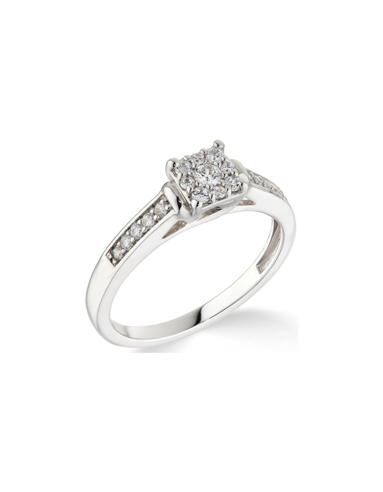 9ct White Gold 0.25ct Diamond Princess Cut Ring With Diamond Shoulders