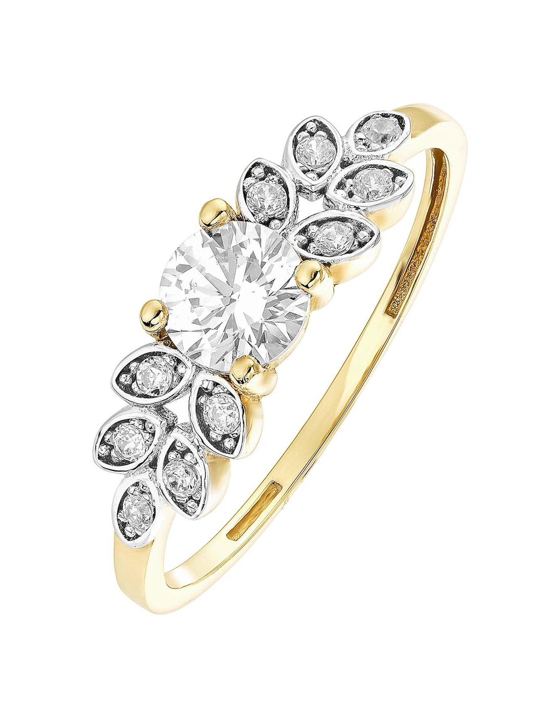 9ct 2 Colour Yellow And White Gold Cubic Zirconia Leaf Shoulder Ring, 3 of 2