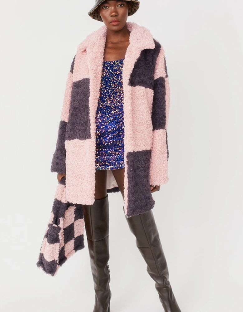 Oversized Pink and Grey Midi Checkered Coat