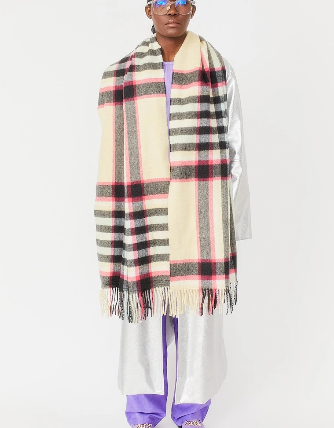 Checkered Cashmere Blend Scarf with Tassels, 6 of 5