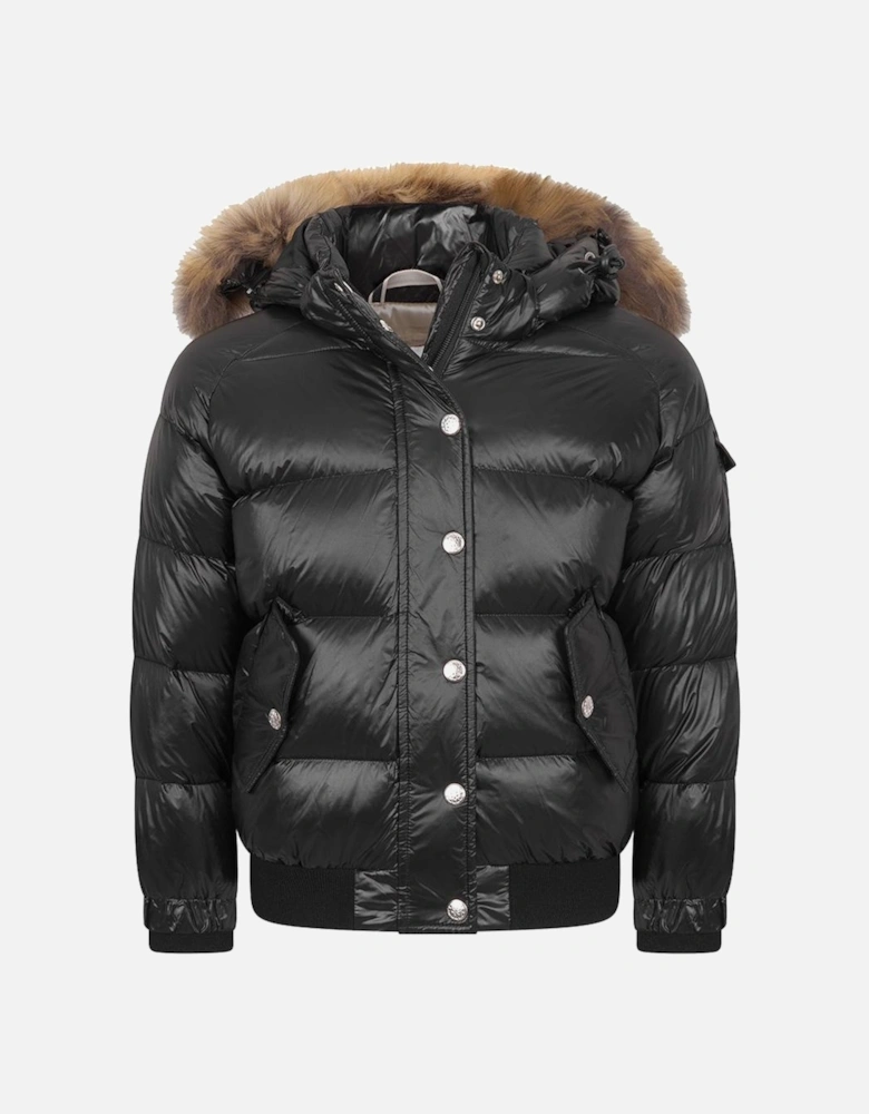 Girls Aviator Shiny Fur Jacket Black