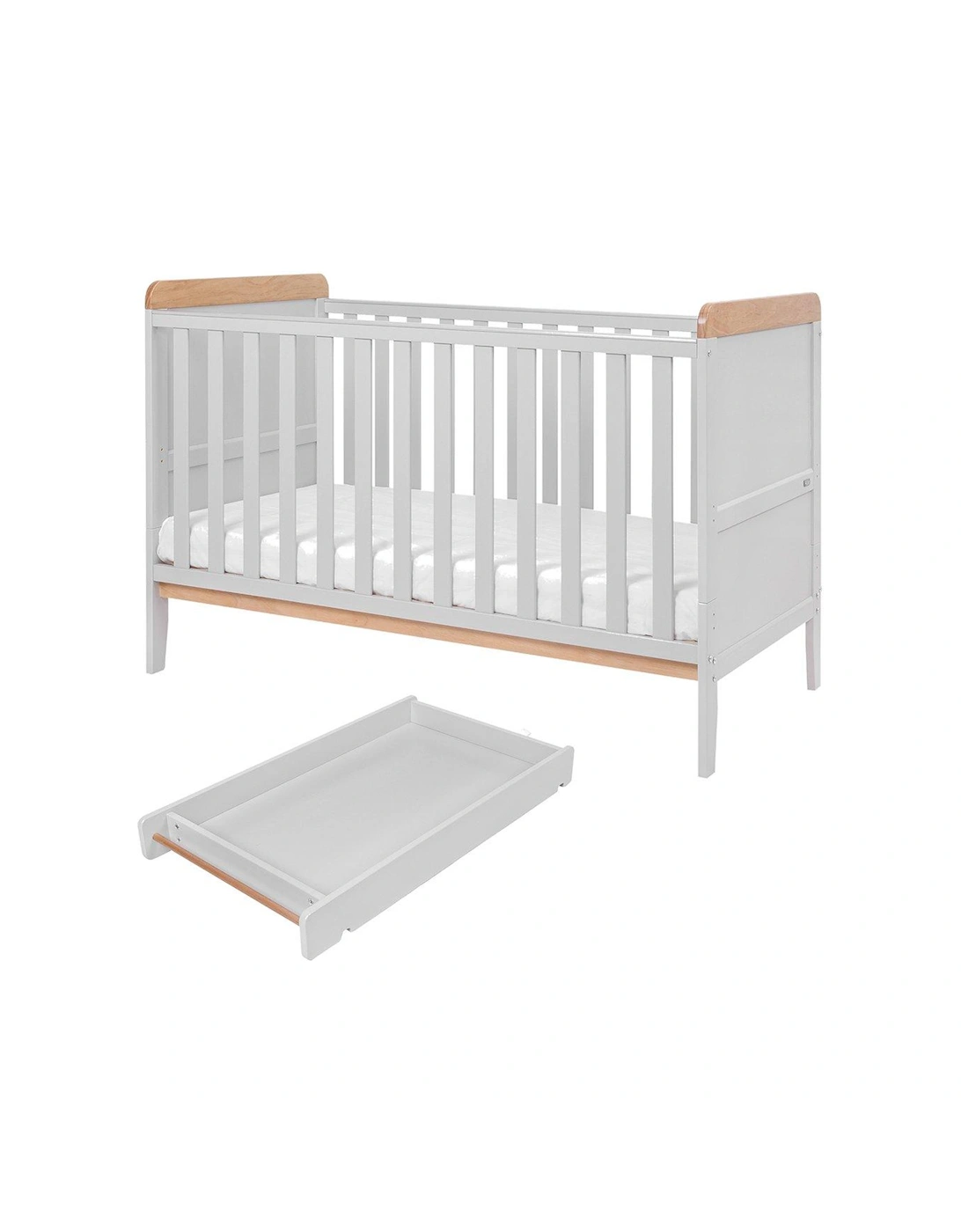 Rio Cot Bed with Cot Top Changer & Mattress - Dove Grey/Oak, 2 of 1