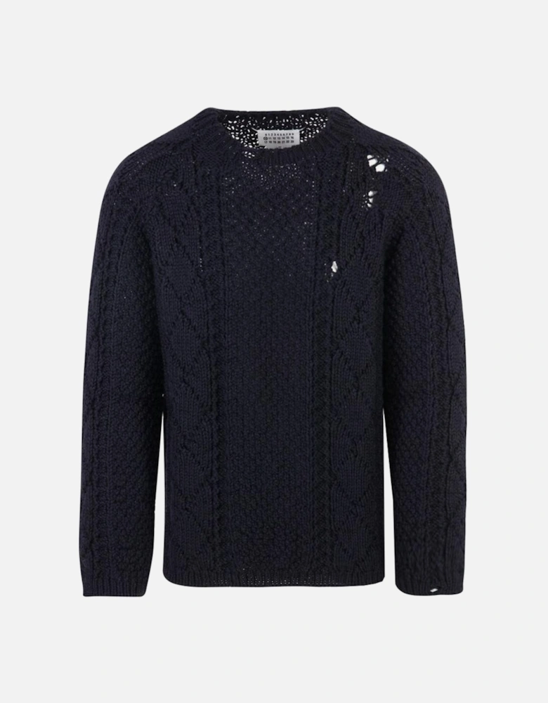Mens Distressed Cable Knit Jumper Navy
