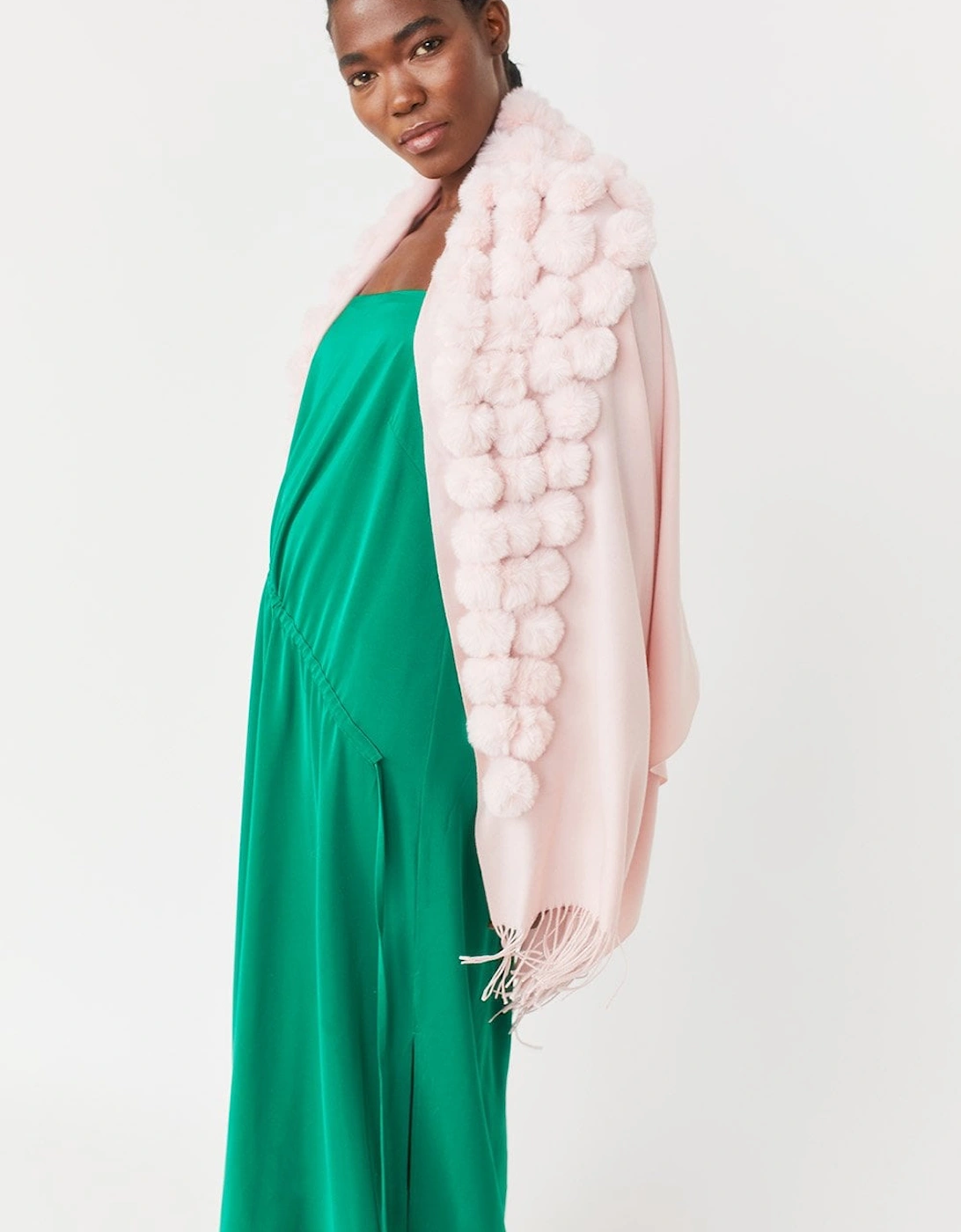 Pink Cashmere Blend Faux Fur Pom Pom Wrap