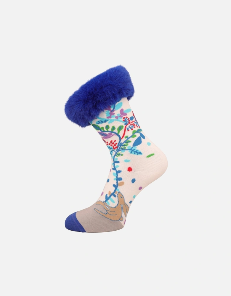 Blue Animal Design Sock with Contrast Faux Fur Trim