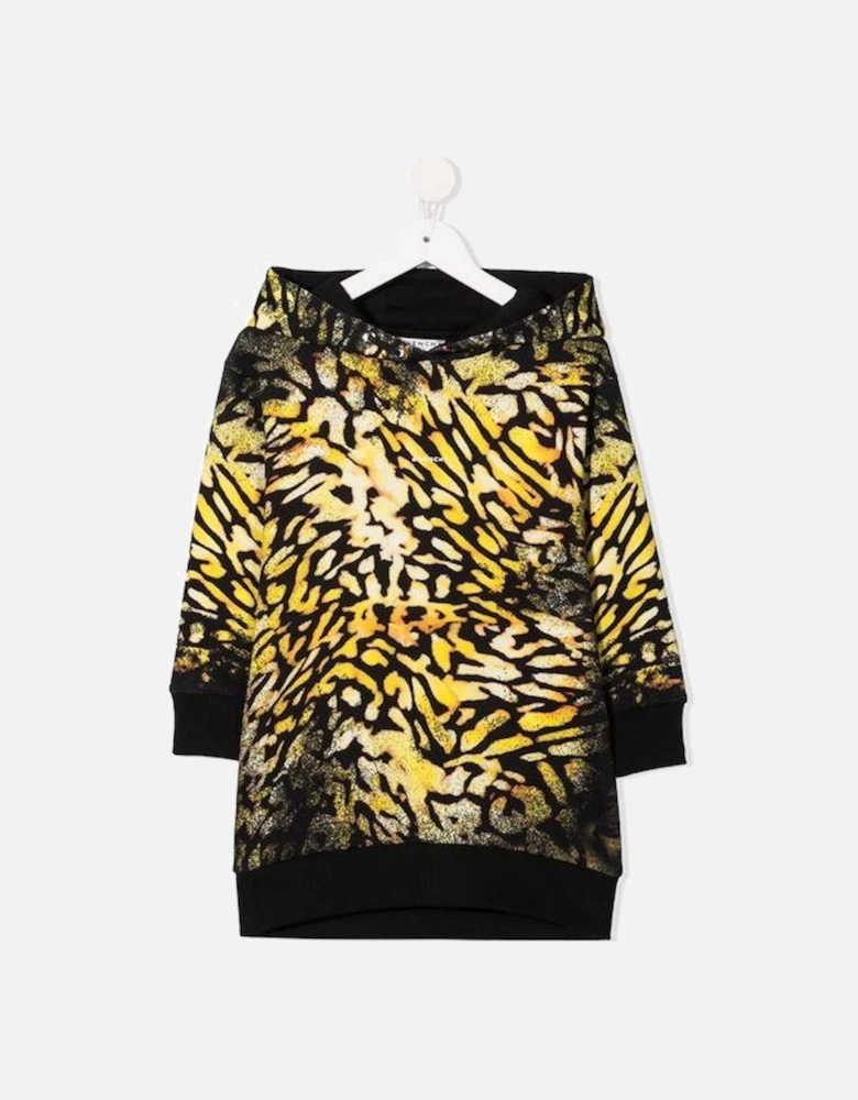 Kids Dress In Sweatshirt With Hood and Animalier Print