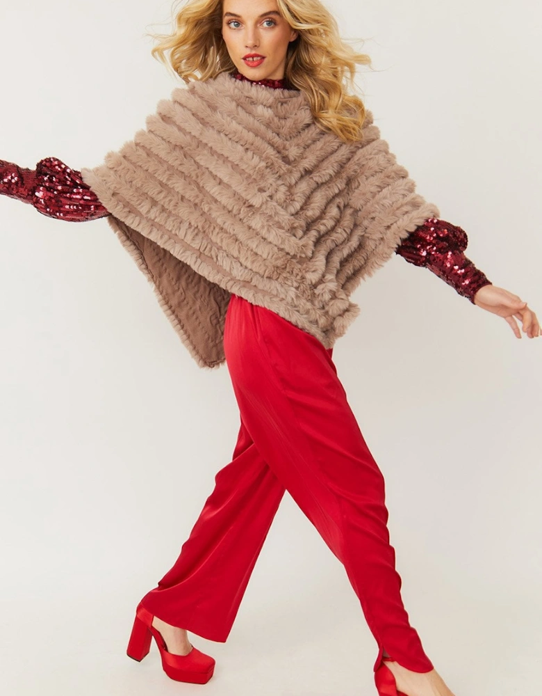 Mocha Cashmere Blend Faux Fur Poncho