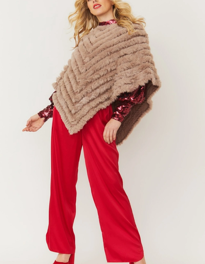 Mocha Cashmere Blend Faux Fur Poncho