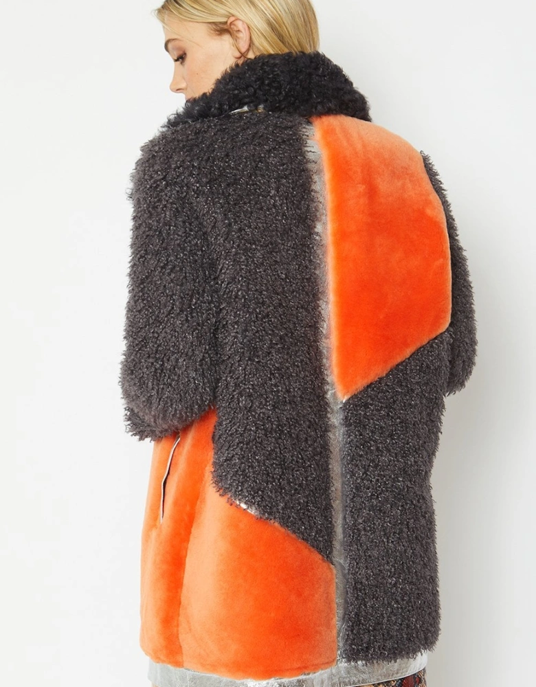 Orange and Purple Shearling Leather Coat