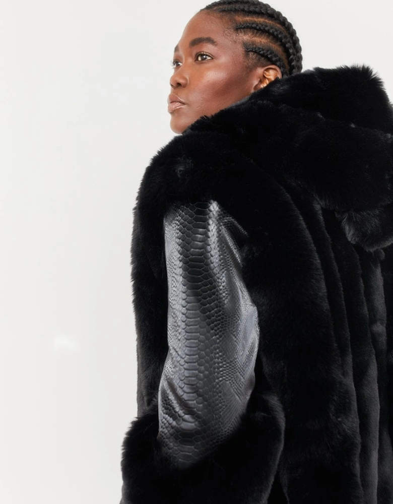 Faux Fur and Faux Leather Panelled Coat in Black