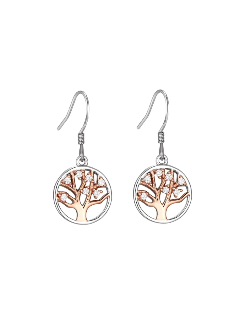 Sterling Silver Rose Gold Plated Tree Of Life Cubic Zirconia Earrings