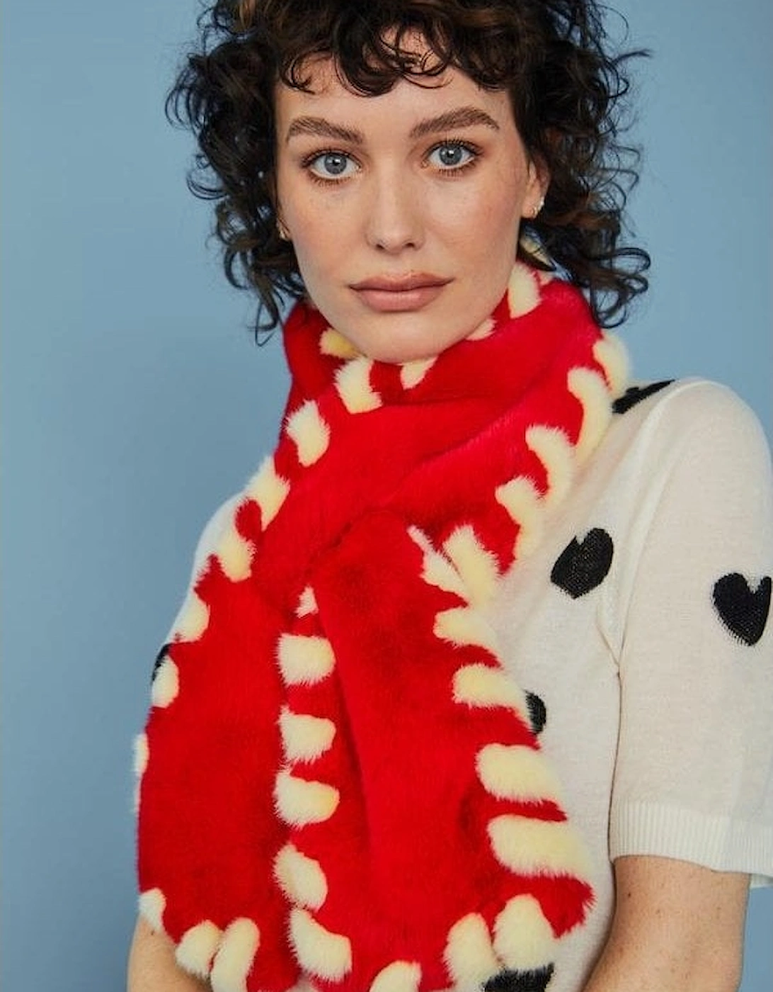 Hand Made Red Faux Fur Scarf with White Woven