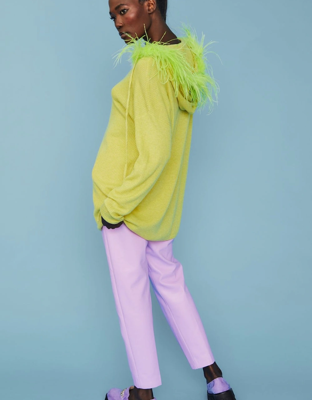 Lime Green Cashmere Blend Hooded Jumper with Feathered Hood