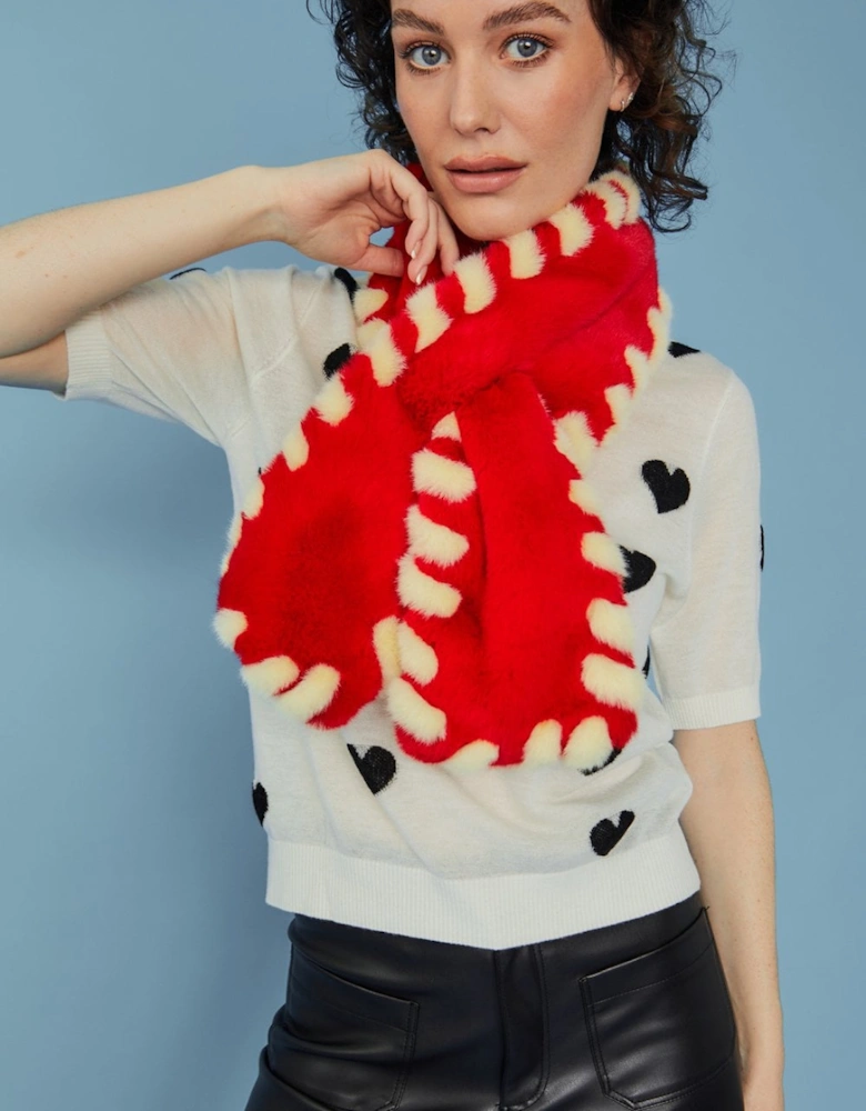 Hand Made Red Faux Fur Scarf with White Woven