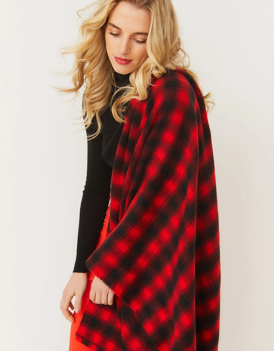 Checkered Red and White Cashmere Scarf