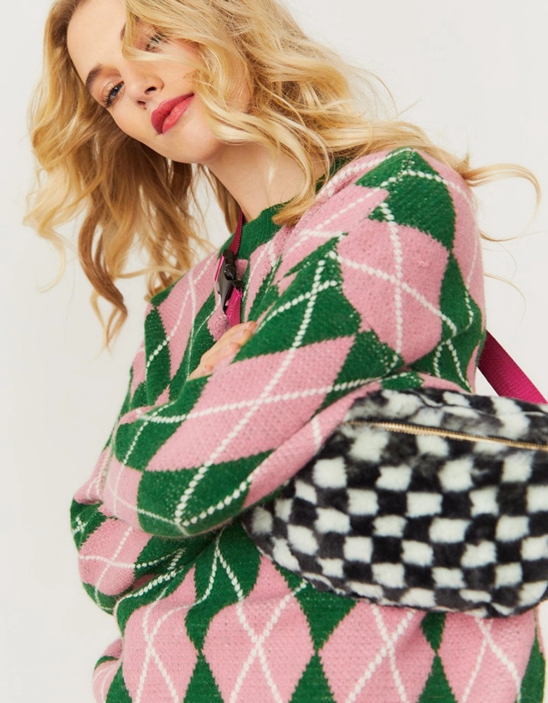 Faux Fur Checkered Bum Bag with Pink Strap