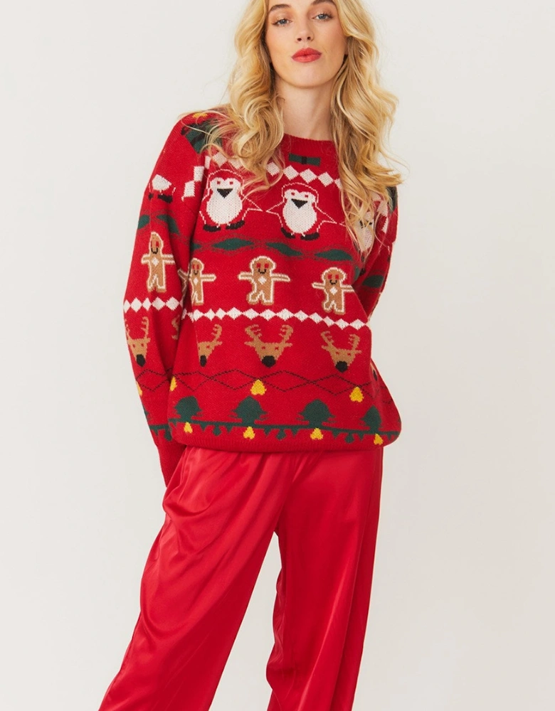 Christmas Jumper with Penguins and Gingerbread Men in Red