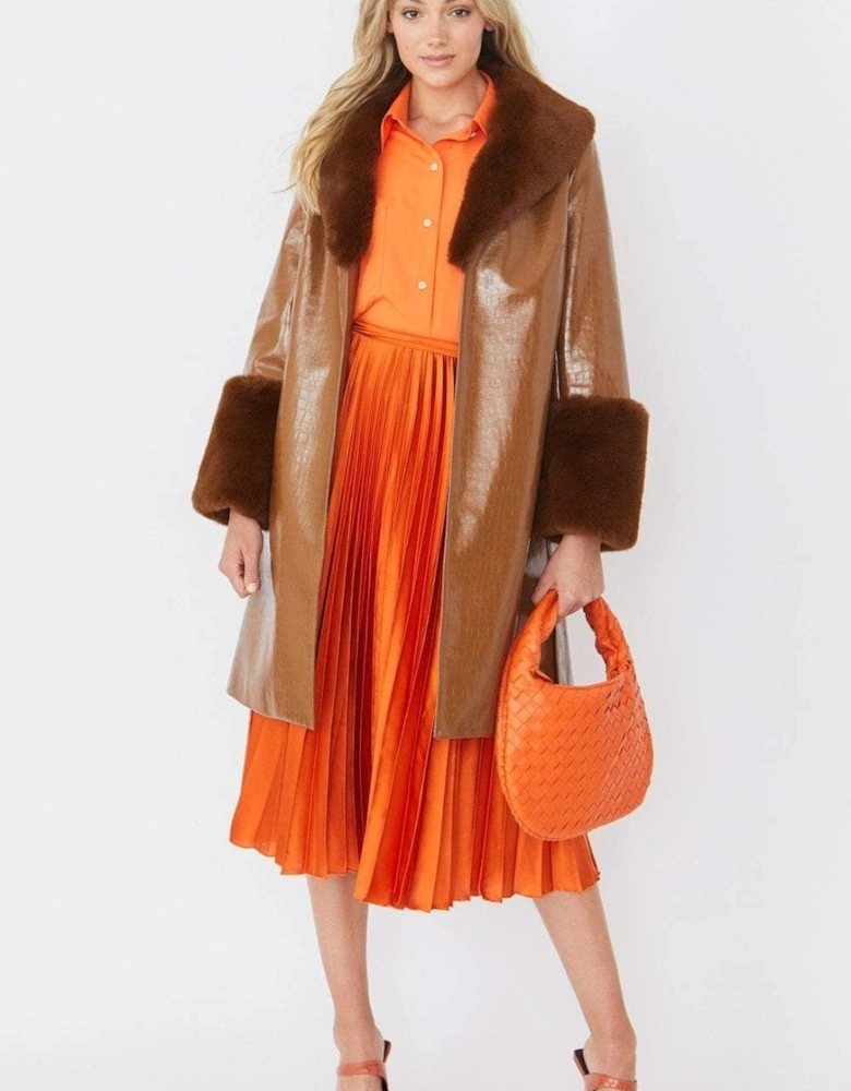 Brown Luxury Faux Leather Aubrey Coat With Detachable Faux Fur Cuffs & Collar