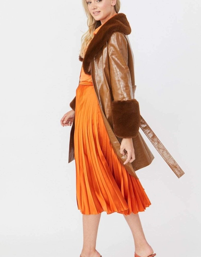 Brown Luxury Faux Leather Aubrey Coat With Detachable Faux Fur Cuffs & Collar
