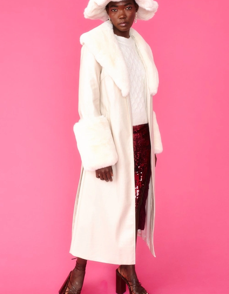 White Faux Leather Jacket With Detachable Faux Fur Cuffs & Collar