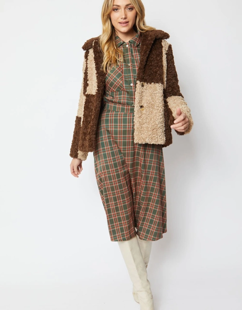 Mocha Faux Shearling Checkered Oversized Coat