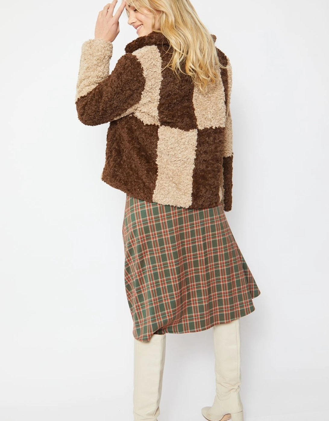 Mocha Faux Shearling Checkered Oversized Coat