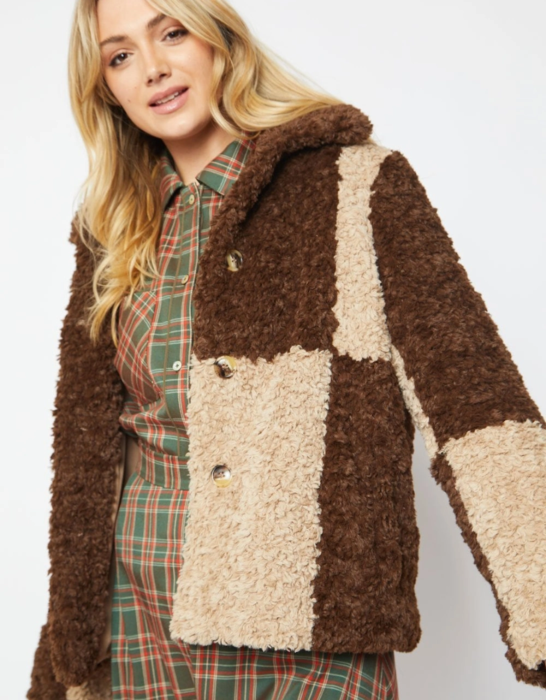 Mocha Faux Shearling Checkered Oversized Coat