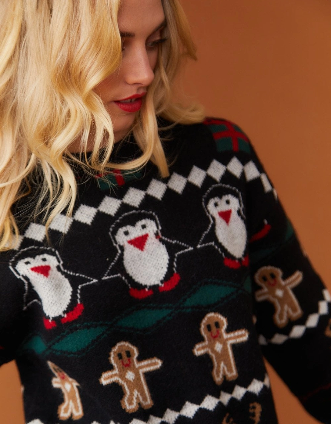 Christmas Jumper with Penguins and Gingerbread Men in Black