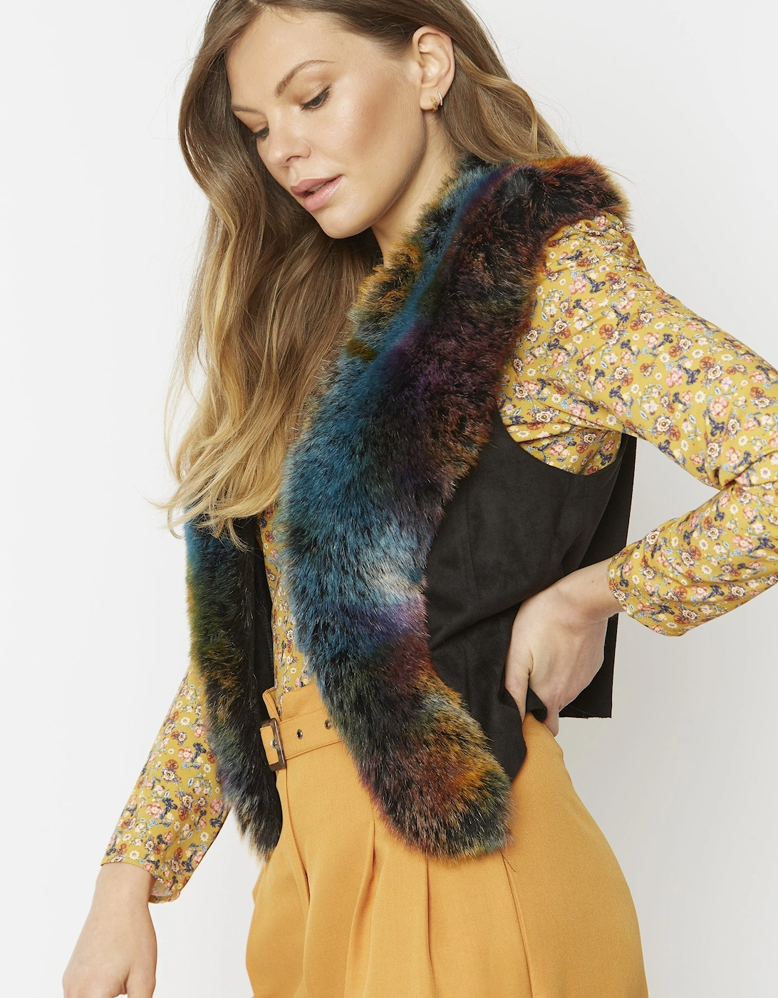 Multi Faux Suede Gilet with Faux Fur Collar, 9 of 8