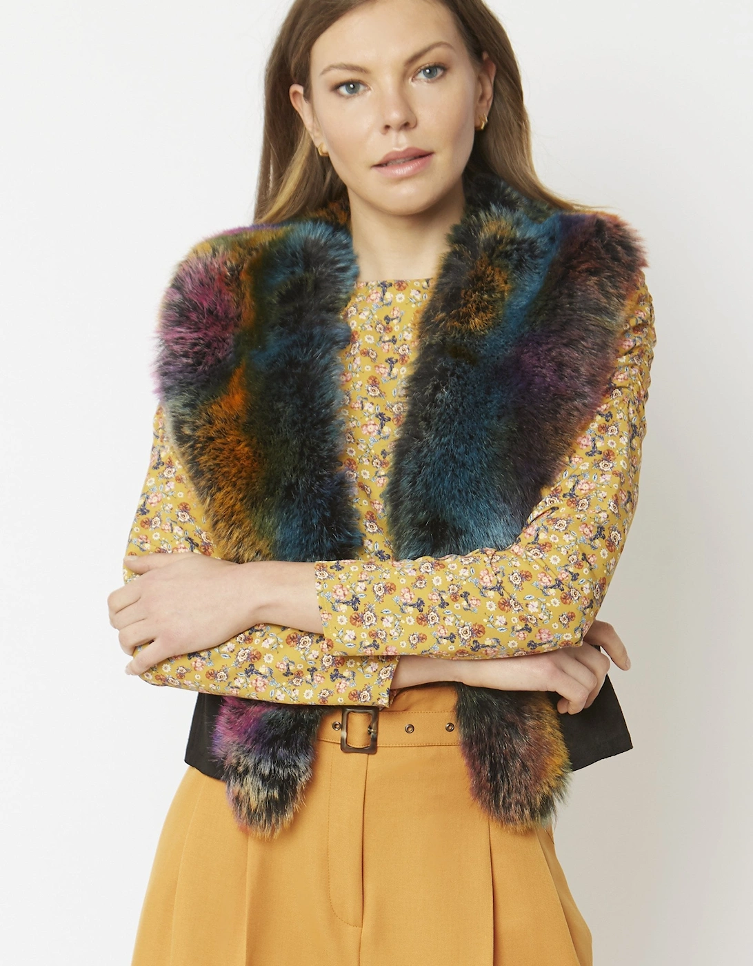 Multi Faux Suede Gilet with Faux Fur Collar