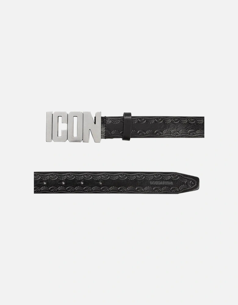 Mens ICON Silver Buckle Belt Black