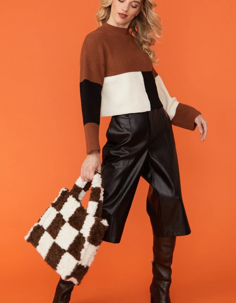 Shearling Checkered Tote Bag in Chocolate and Cream