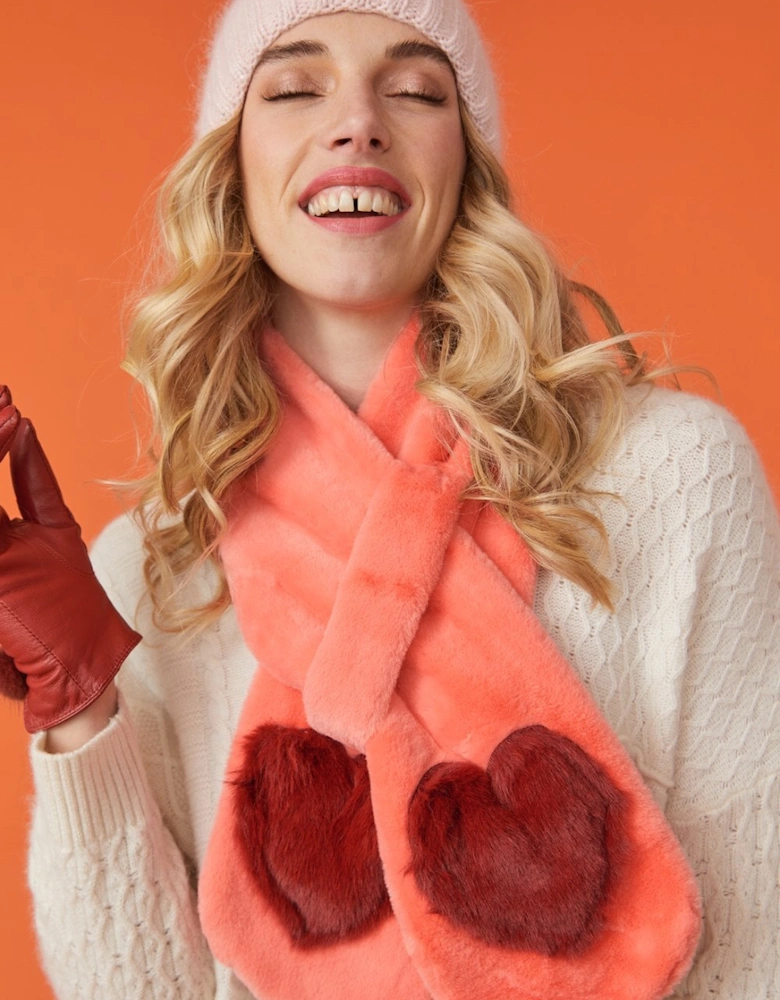 Orange Faux Fur Scarf with Heart Embellishments