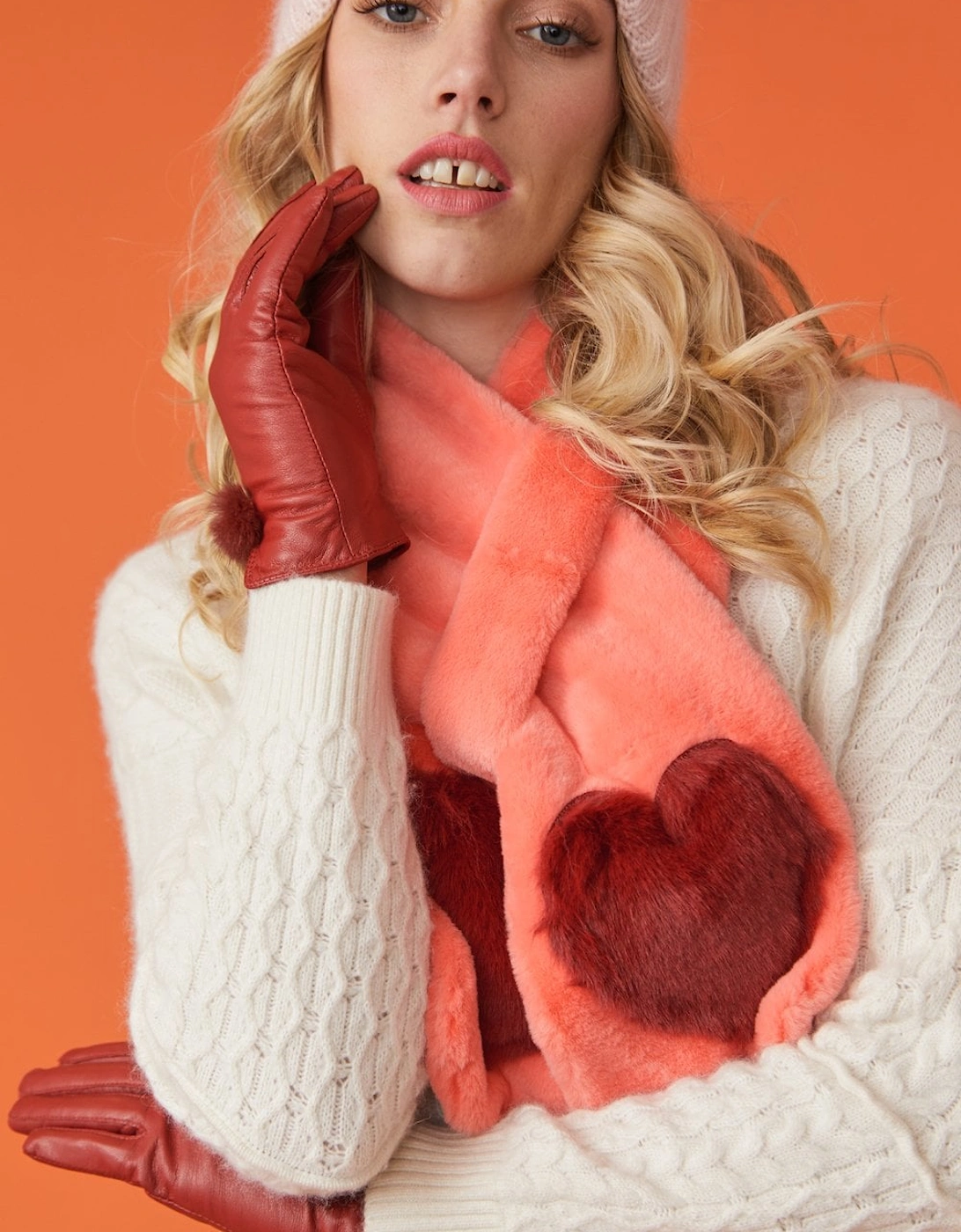 Orange Faux Fur Scarf with Heart Embellishments