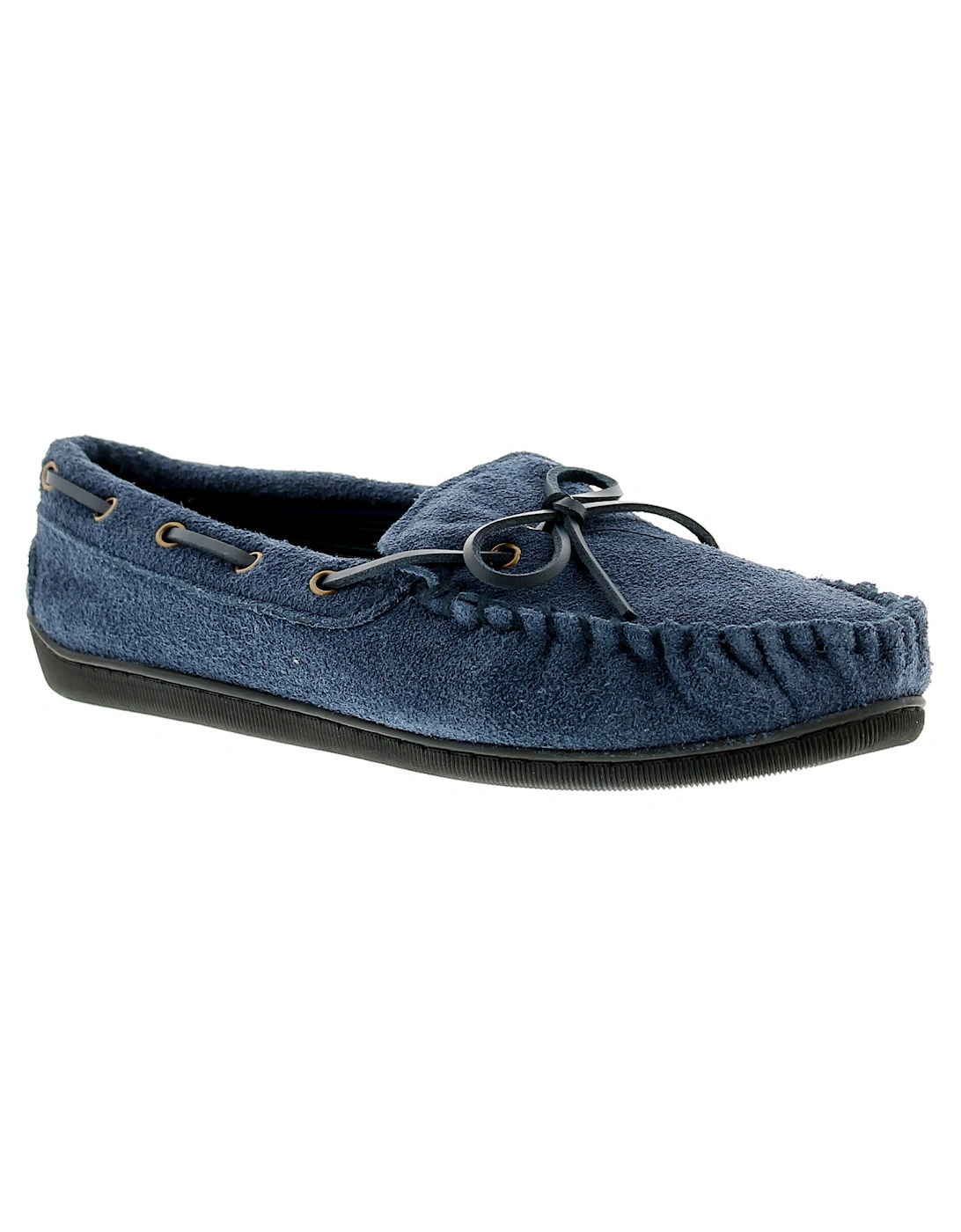 Mens Moccasin Slippers Shamus Leather Decorative Laces Slip On navy UK S, 6 of 5