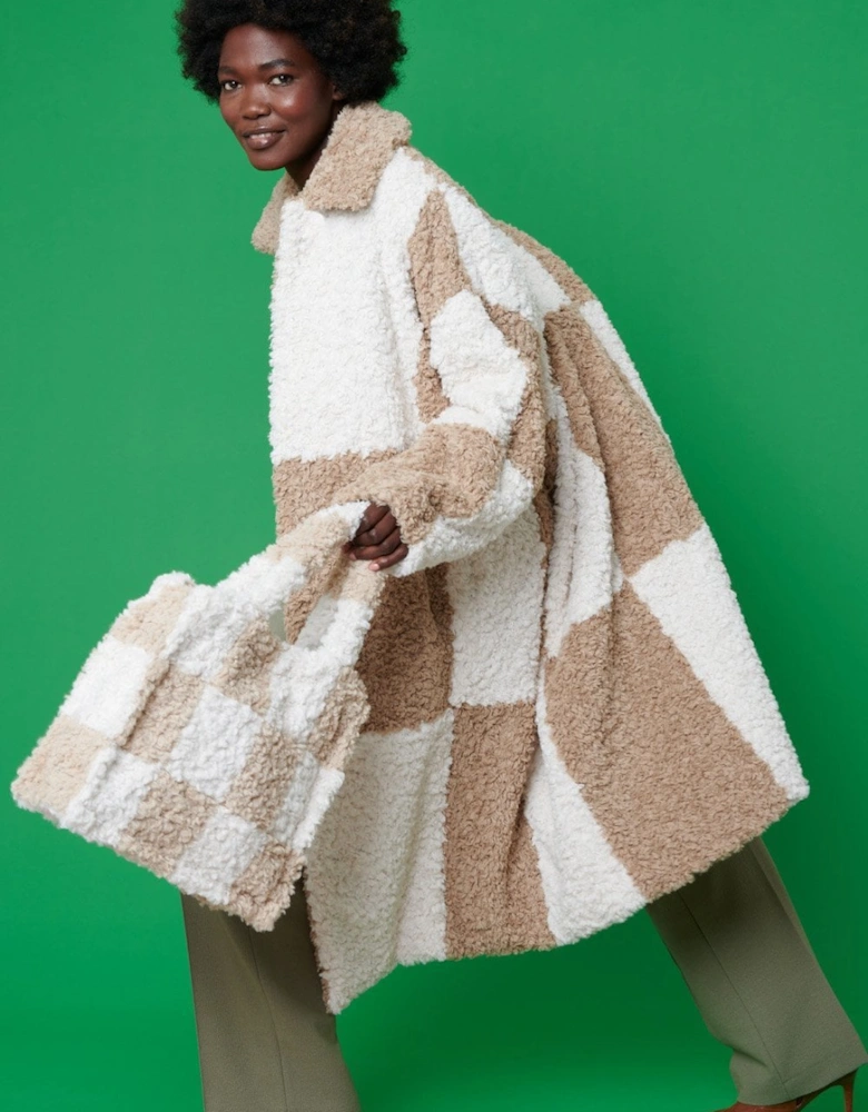 Checkered Mocha and White Faux Shearling Oversized Coat