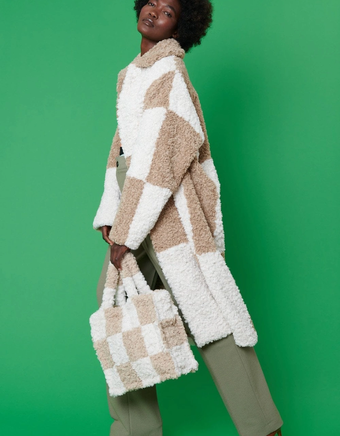 Checkered Mocha and White Faux Shearling Oversized Coat